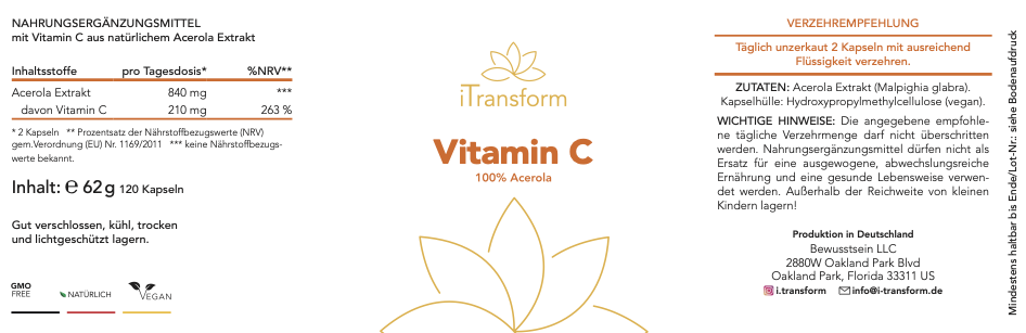 Vitamin C vegan 🌱aus der Acerola Kirsche 25%, 120Kapseln