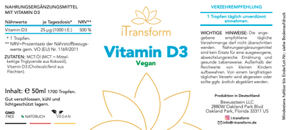 Vitamin D3 Vegan, 50ml, 1700 Tropfen