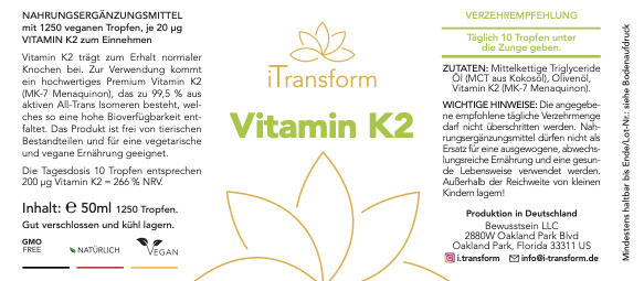 Vitamin K2, Vegan 50ml, 200ug, mind.1250 Tropfen