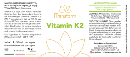 Vitamin K2, Vegan 50ml, 200ug, mind.1250 Tropfen